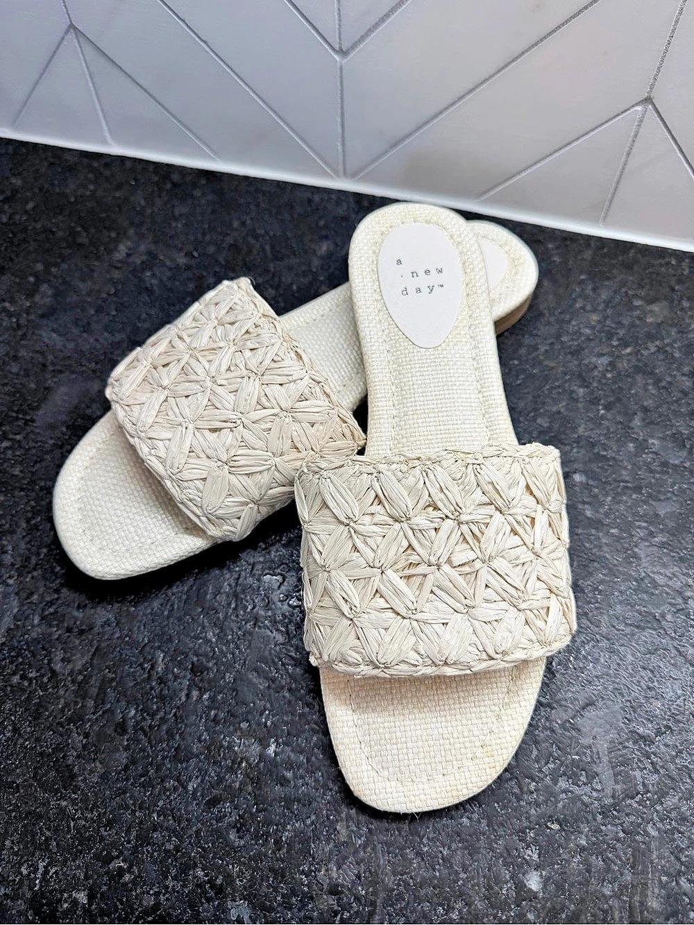 A New Day Ariella Woven Raffia Slide Sandals Beige